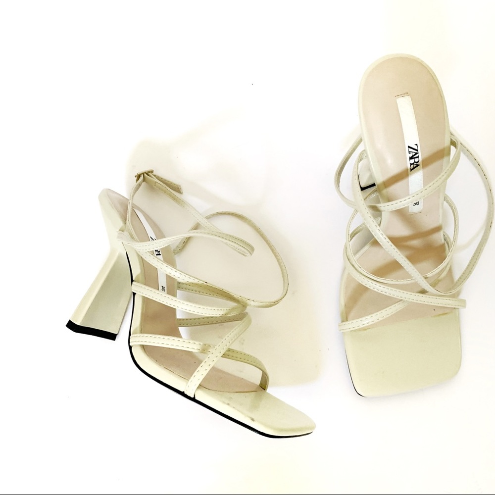 Zara white cream square toe strappy block heels sandals